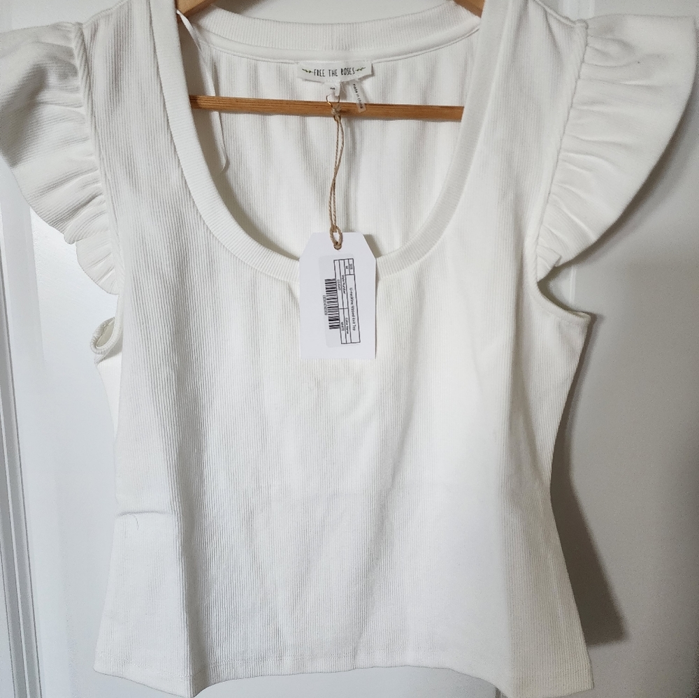 Free the Roses rib knit ruffle sleeve top
